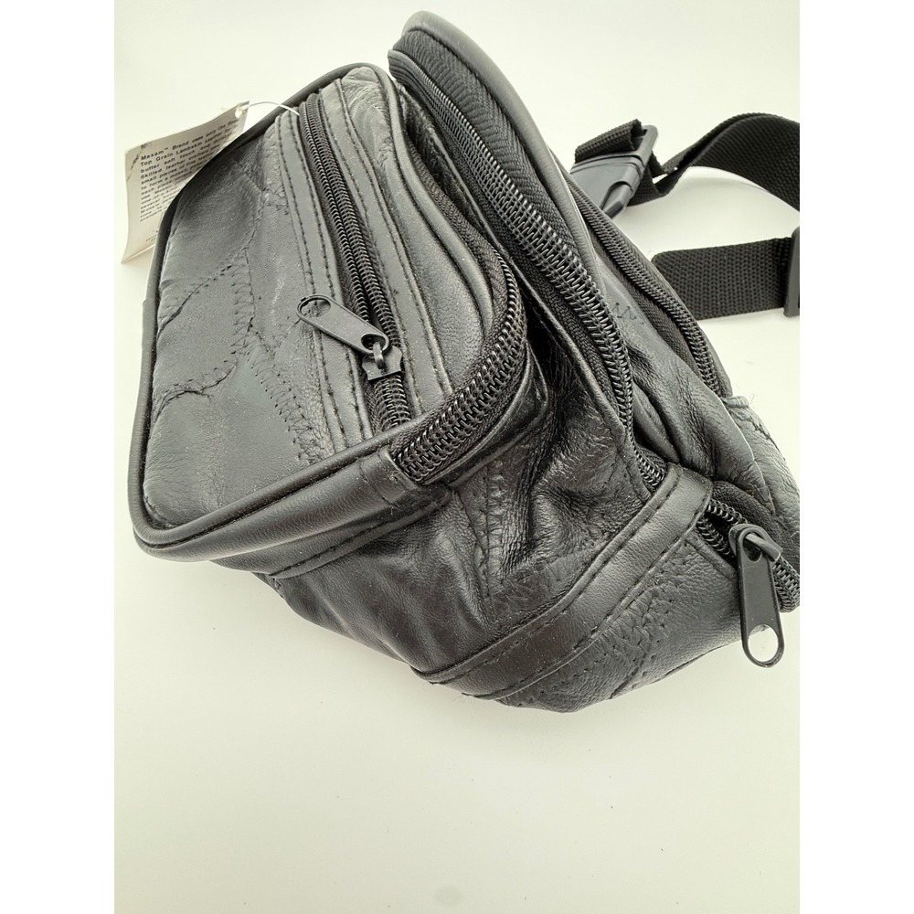1990s Maxam Genuine Lambskin Leather Fanny Pack Black Multi Pocket Waist Bag NWT - Picture 3 of 14